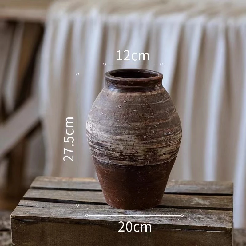 艺术陶罐复古做旧粗陶花盆手工仿古陶土插花花瓶陶盆黑陶摆件