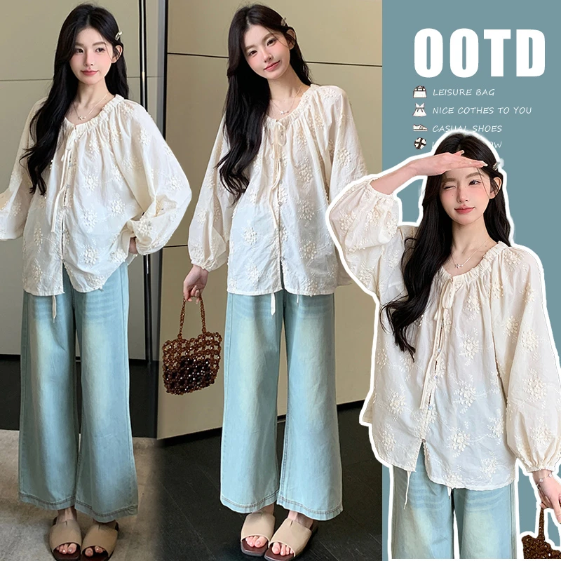 孕妇小清新套装洋气甜美风娃娃衫休闲牛仔裤两件套时尚孕妇装