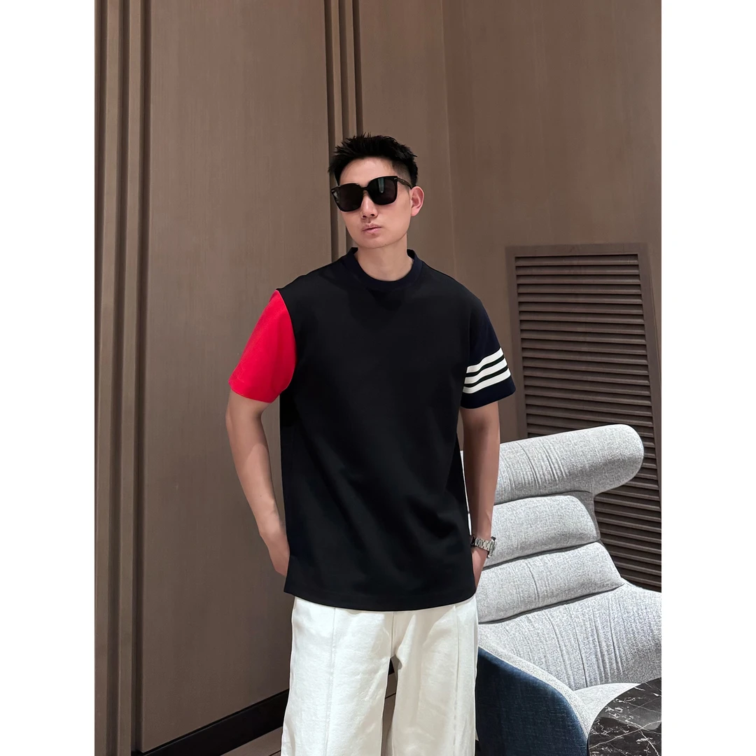 撞色条纹 60只高密挺廓男士短袖T恤百搭圆领拼色半袖