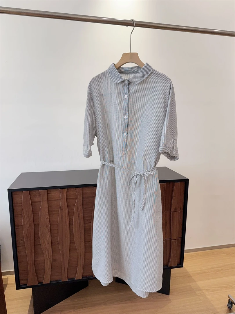 岛国单 蓝色条纹棉麻连衣裙系带收腰衬衫裙