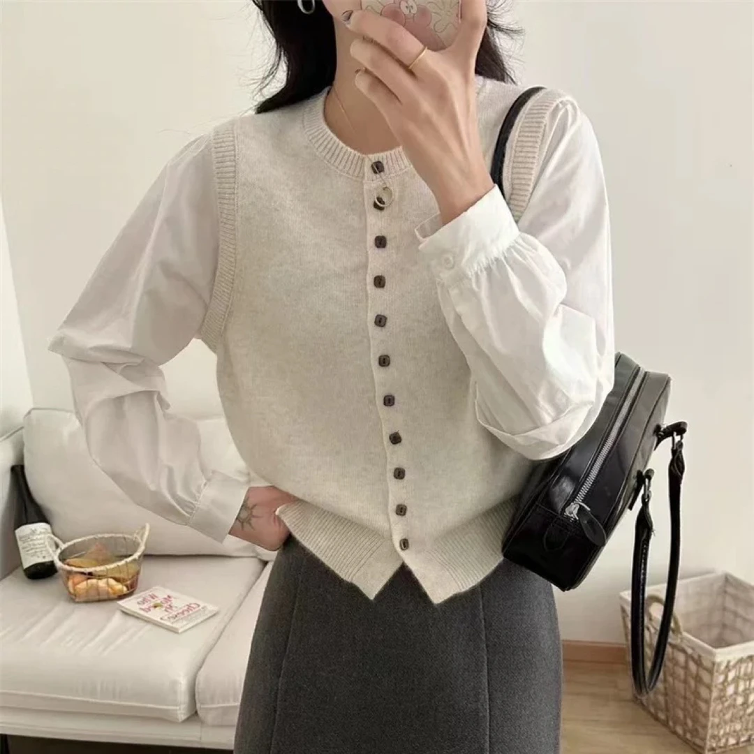 董小姐/拼接针织拼接衬衫袖假两件毛衣女马甲上衣打底衫