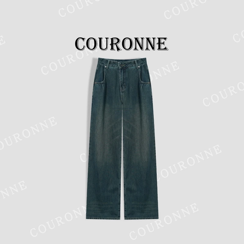 【小熊】-春夏‘’丹宁风‘’复古时髦显瘦高腰垂感阔腿牛仔休闲裤32568