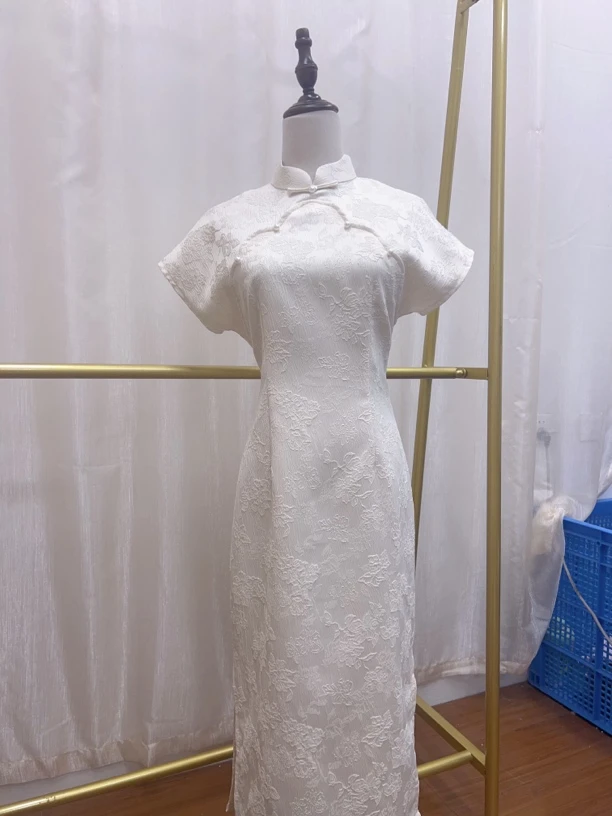 V-3038 清茉莉 提花缎 新中式国风夏款年轻款改良旗袍115cm长款