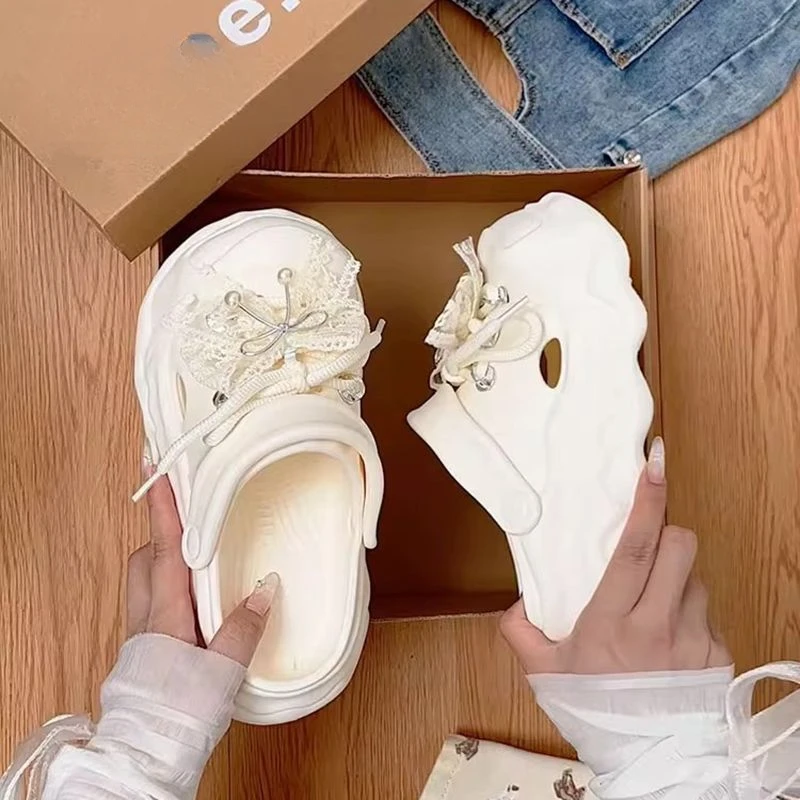 时尚百搭仙女风蝴蝶结厚底洞洞鞋女2025年夏季新款包头半拖鞋女鞋