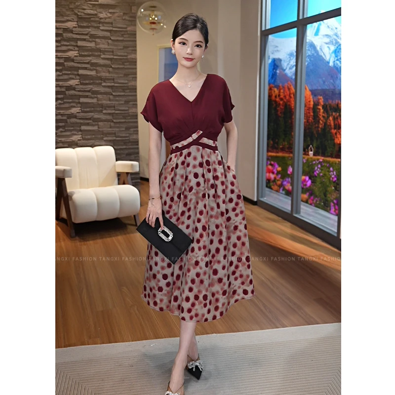 2026夏季新款【QQ-1093】复古优雅粉色波卡圆点拼接红色撞色连衣