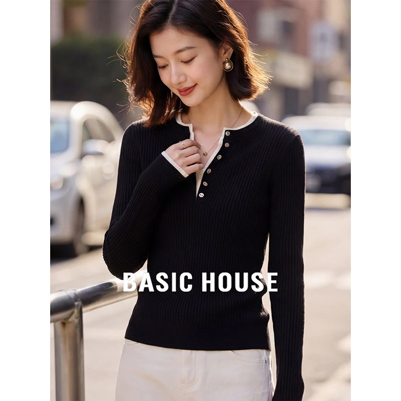 Basic House/百家好黑色绵羊毛针织衫修身半开领毛衣女士2025冬季