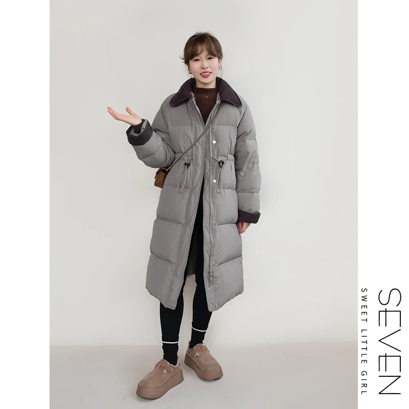 119⑧七七146小个子冬季翻领撞色90白鸭绒中长款羽绒服女小美说