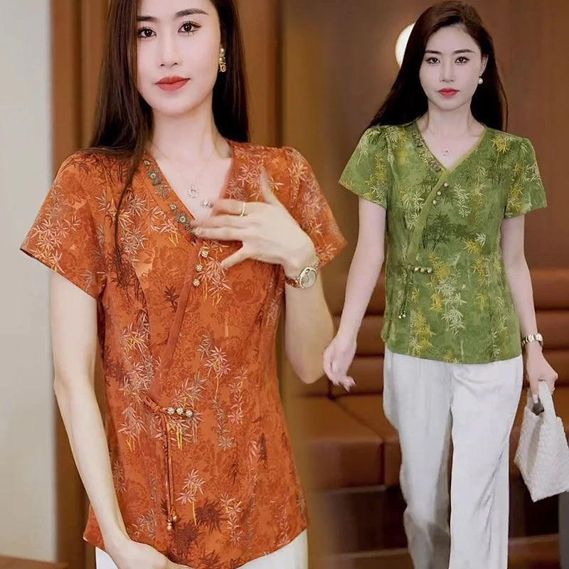 新中式夏季妈妈装气质衬衫女士2025时尚洋气减龄修身V领短袖上衣