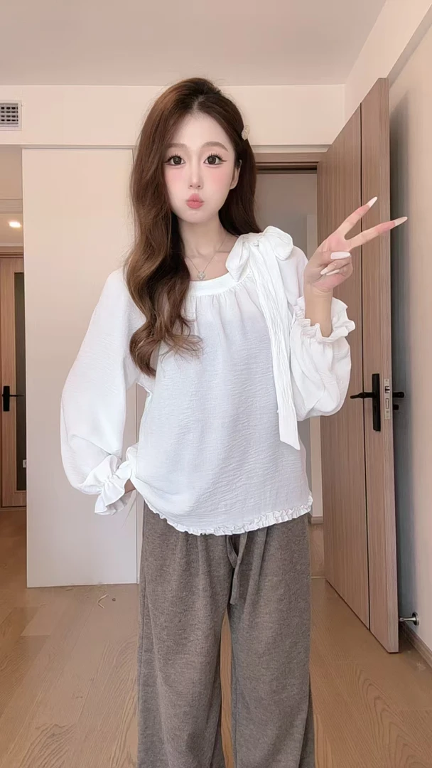 秋季美系蝴蝶结甜美小衫时尚减龄宽松显瘦爆款百搭