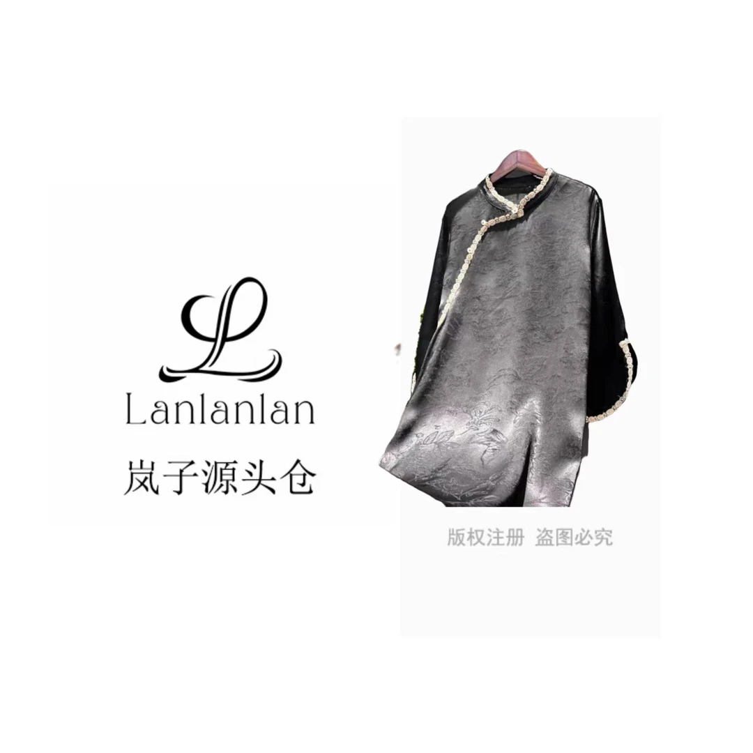 夏季新中式斜襟提花黑色连衣裙气质时尚宽松设计