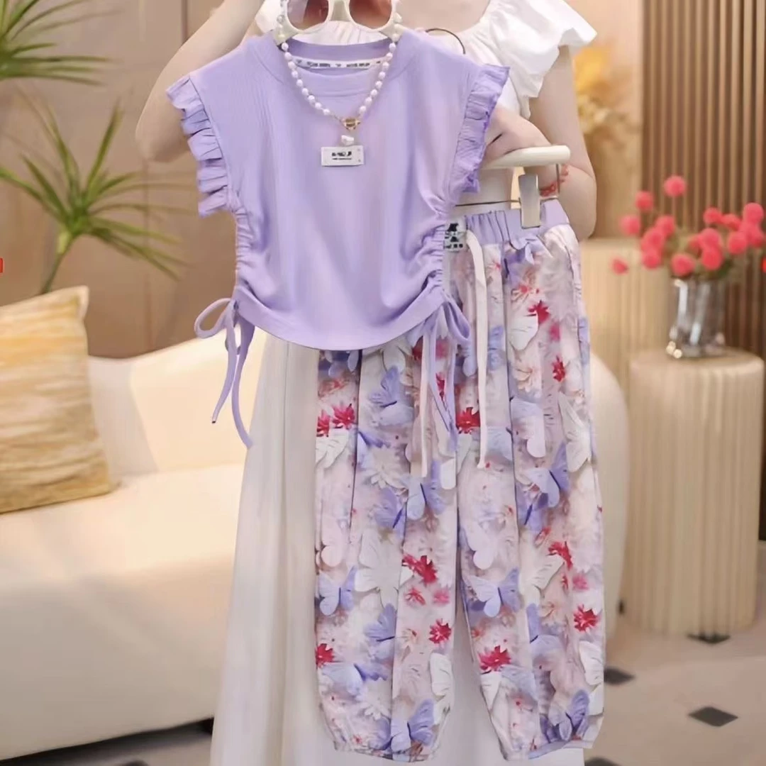 女童夏季套装2025新款甜酷小飞袖抽绳上衣时尚网红防蚊长裤两件套