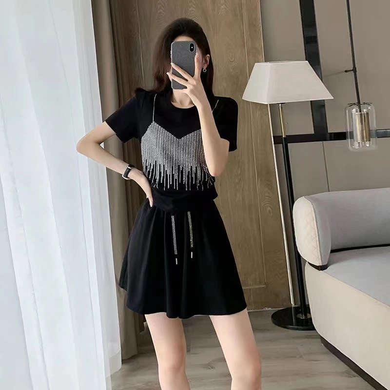 《漫天闪钻》两件套· 套装短袖短裙时尚潮流7782#