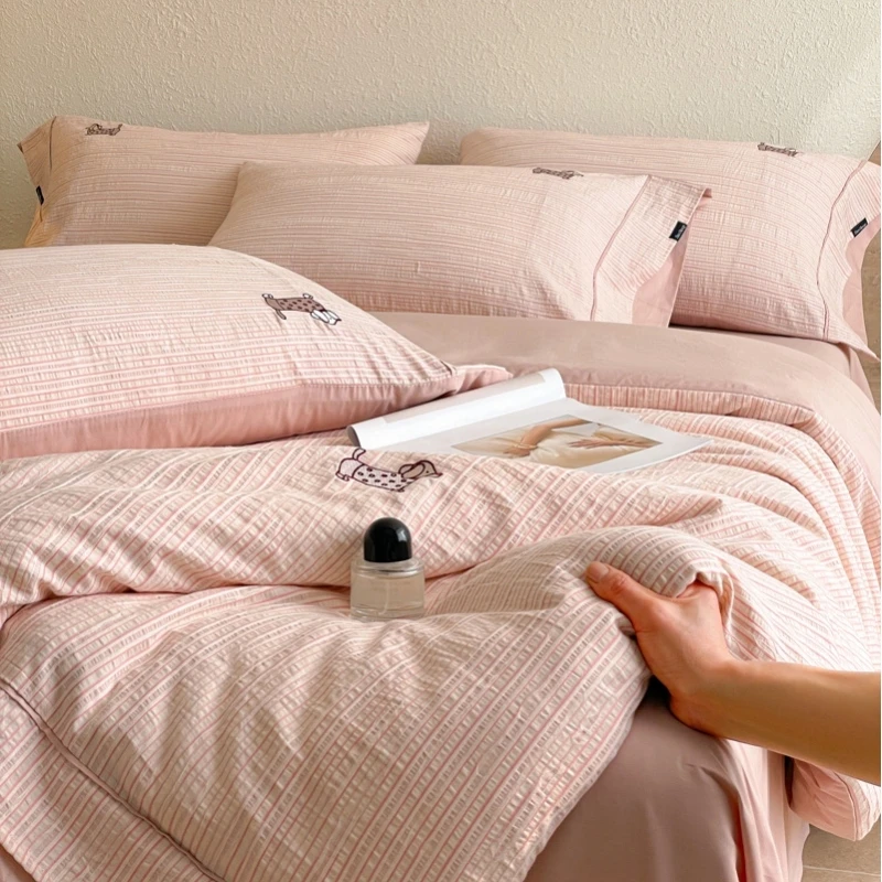 高级全棉纯棉简约提花刺绣四件套纯色床单被套居家主卧亲肤柔软粉