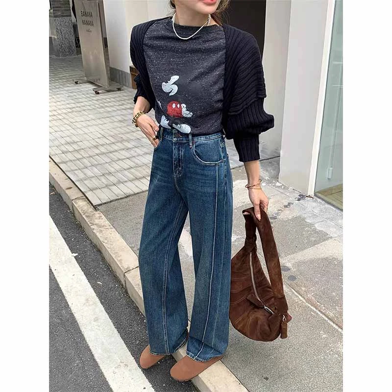 复古蓝窄版直筒牛仔裤女2025春季新款胖mm高腰弹力显瘦阔腿拖地裤