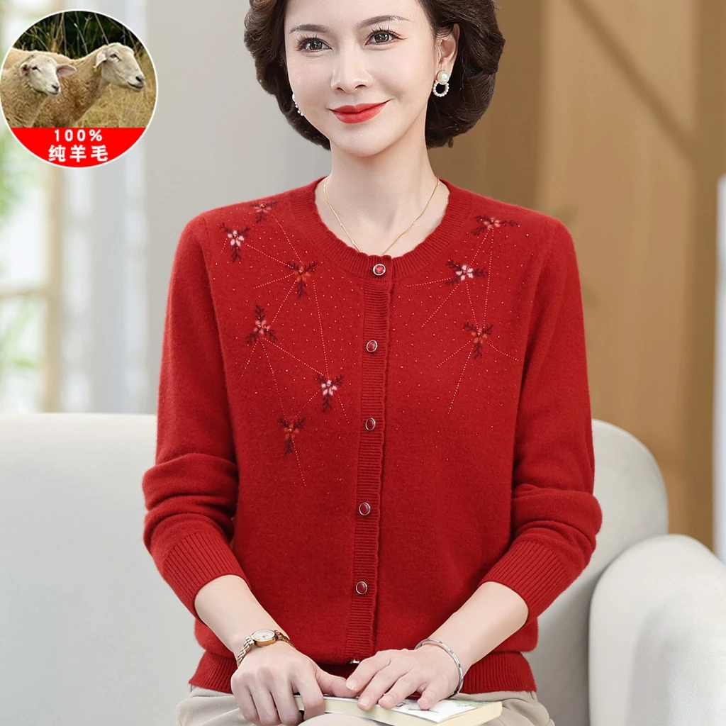 2025秋装新款针织开衫妈妈纯羊毛短款圆领外套中老年人女春秋毛衣