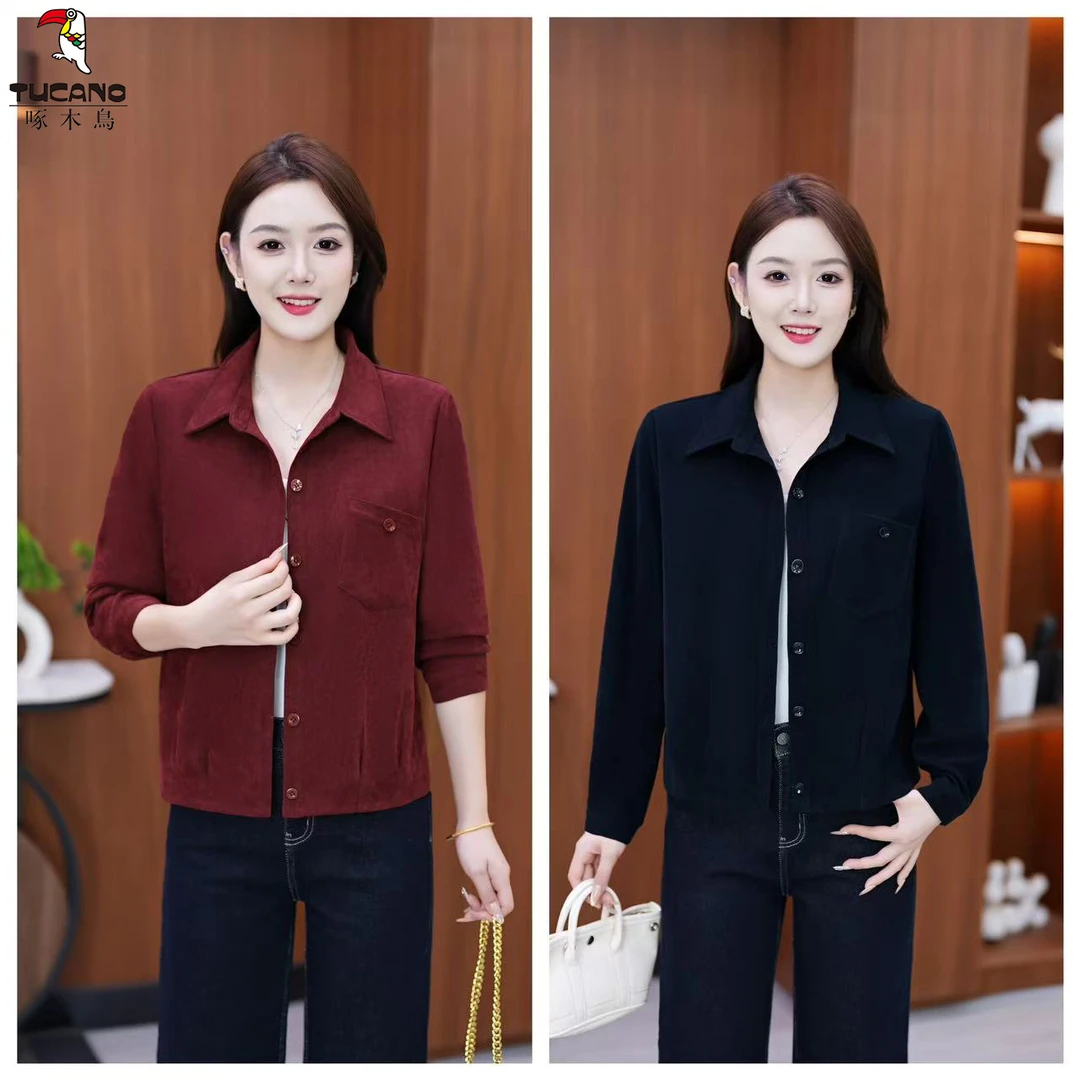 啄木鸟休闲风纯色翻领长袖短款外套2025秋季新款宽松短款显瘦外套