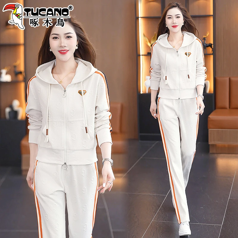 啄木鸟休闲运动服套装女2025新款春秋时尚短款开衫卫衣外套两件套