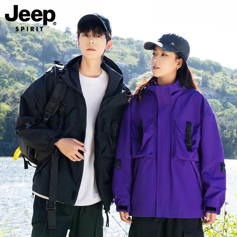 JEEP吉普冲锋衣男女同款情侣装登山服硬壳外套秋冬高领连帽夹克男