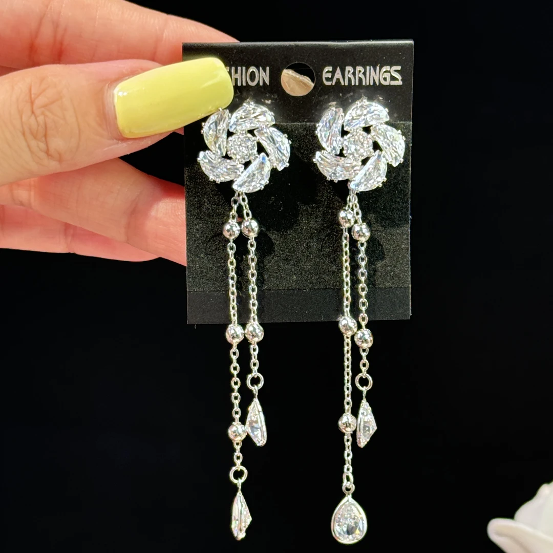 铜合金锆石耳饰 语馨】超闪锆石小众高级感流苏耳环优雅精美耳钉女