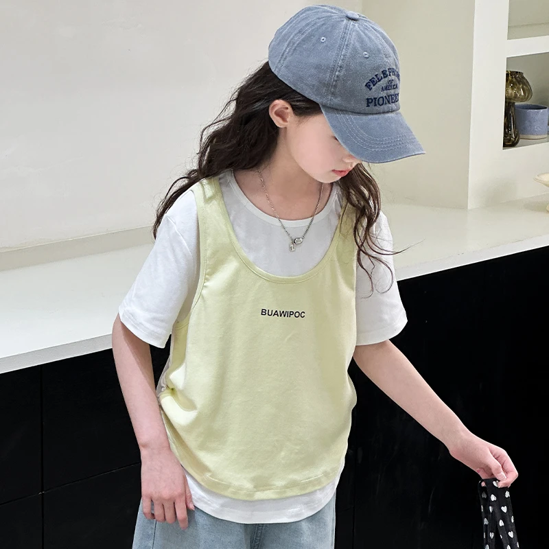 女童夏季假两件短袖2025新款儿童时尚撞色拼接上衣女孩韩系T恤潮8