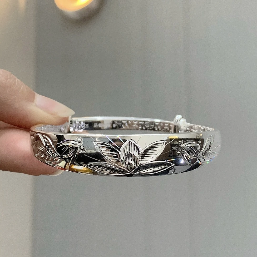 湘云 足银手镯 999.9莲花金鱼手镯实心送妈妈送长辈新年礼物35克