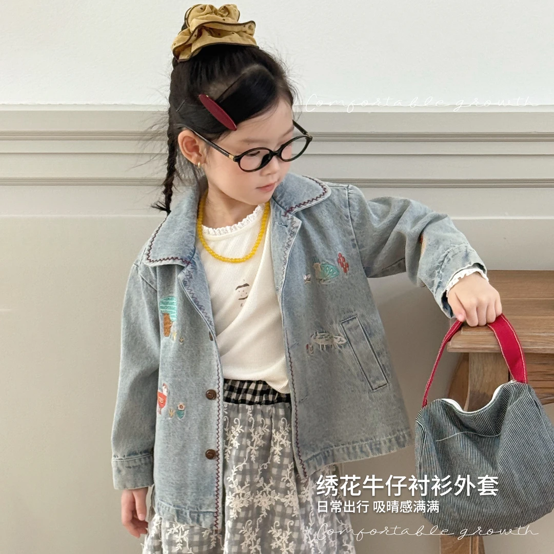 PAPA~韩系25秋绣花女童牛仔衬衫休闲外套-71098