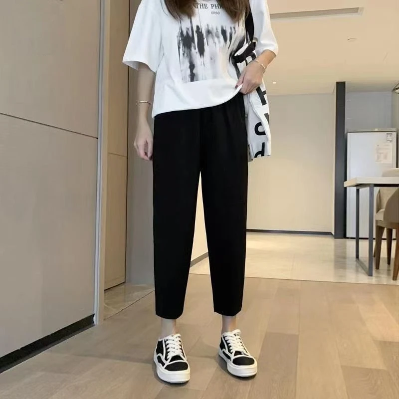 啄木鸟夏季新款薄款冰丝萝卜裤女高腰显瘦垂感休闲小个子哈伦裤女