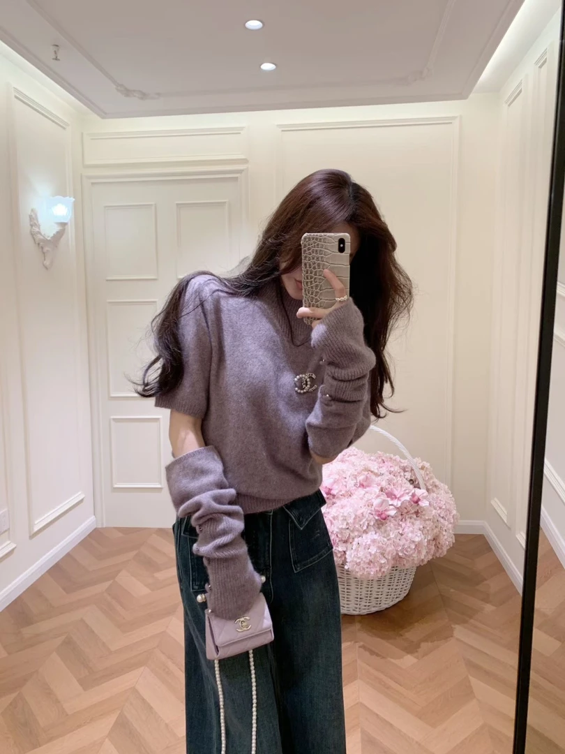 2026秋冬新款韩系温柔减龄袖套针织衫毛衣复古阔腿牛仔裤两件套