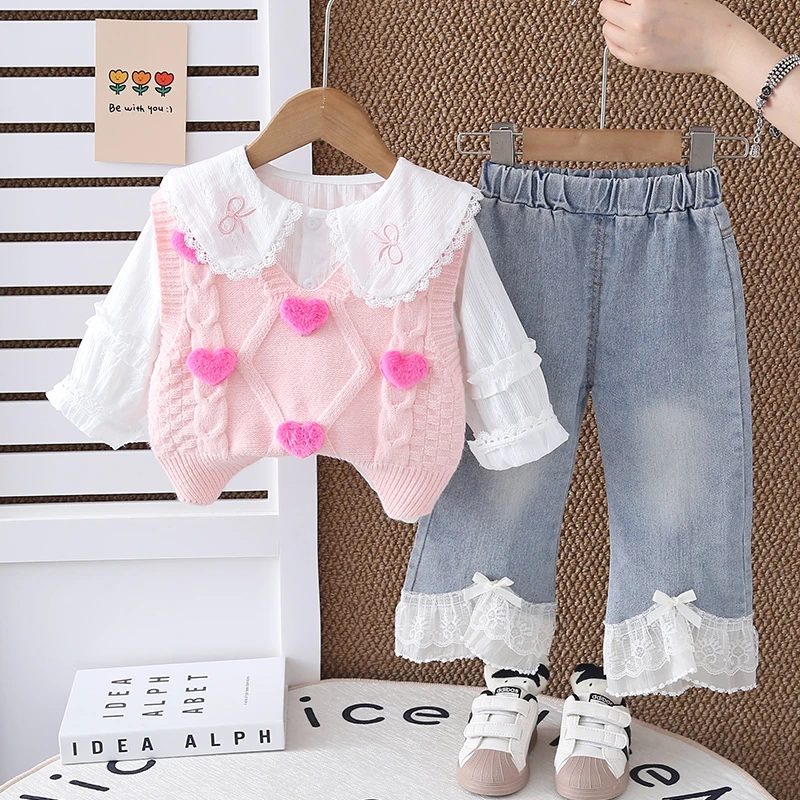 女童秋装套装2025新款洋气婴儿童春秋季毛衣马甲三件套宝宝童装潮