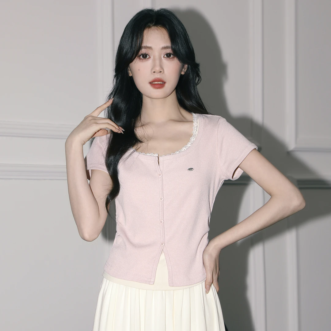 粉色假两件短袖T恤女夏2025春新款设计感蕾丝花边体恤别致短上衣