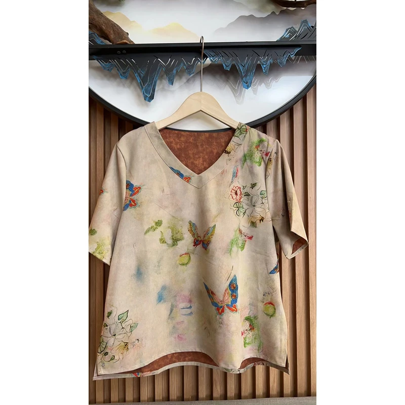 小衫薄款套头国风夏季上衣V领唐装8371