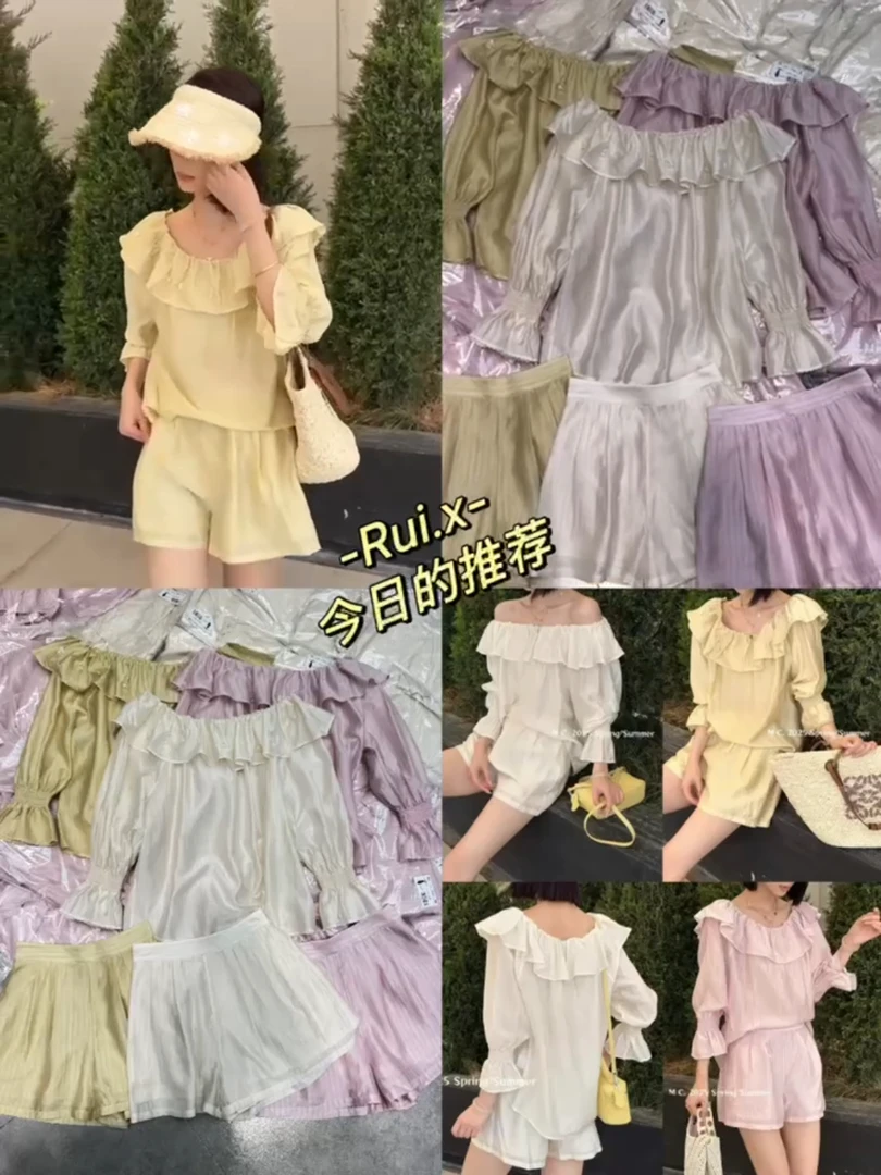 【BAI】时尚百搭显瘦一字肩荷叶边衬衫短裤套装091