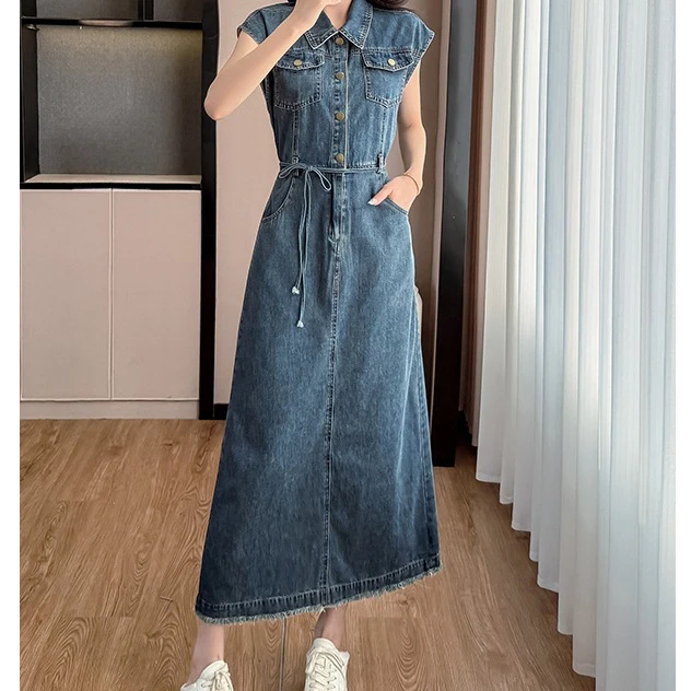 韩版复古牛仔连衣裙女夏季系带收腰牛仔裙单排扣设计感短袖长裙子