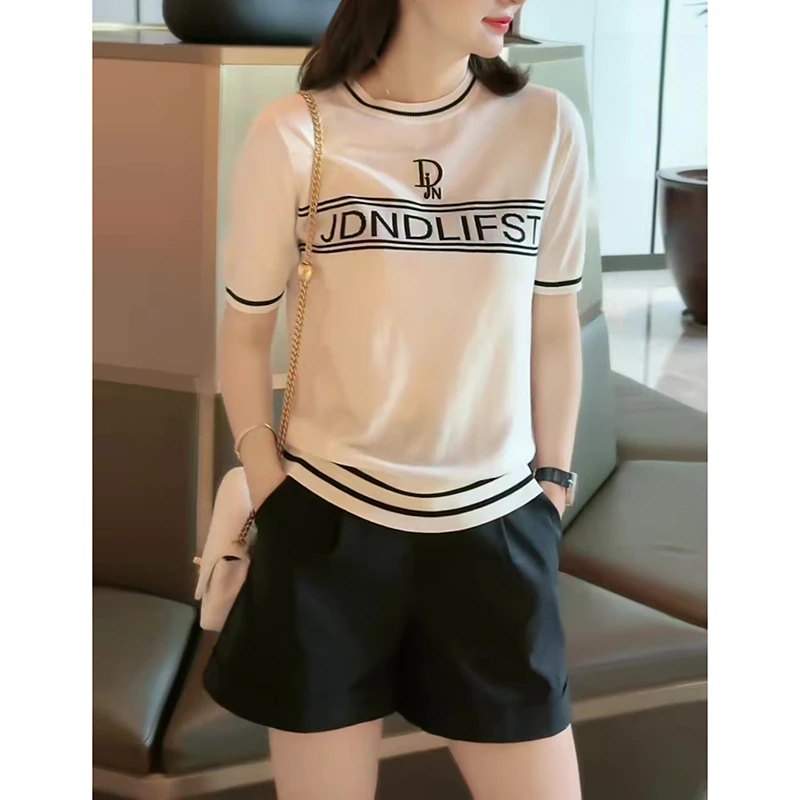 欧洲站2025年夏季新款休闲百搭针织短袖T恤女显瘦字母弹力上衣潮