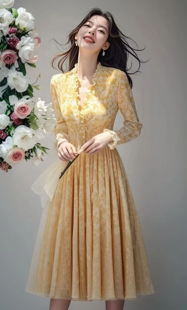 SS881春多巴胺穿搭高端精致轻奢高级感灵动黄色温柔风碎花连衣裙