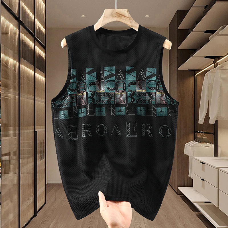 大码男士夏季新款冰丝无袖镂空背心男士休闲健身网眼坎袖透气上衣