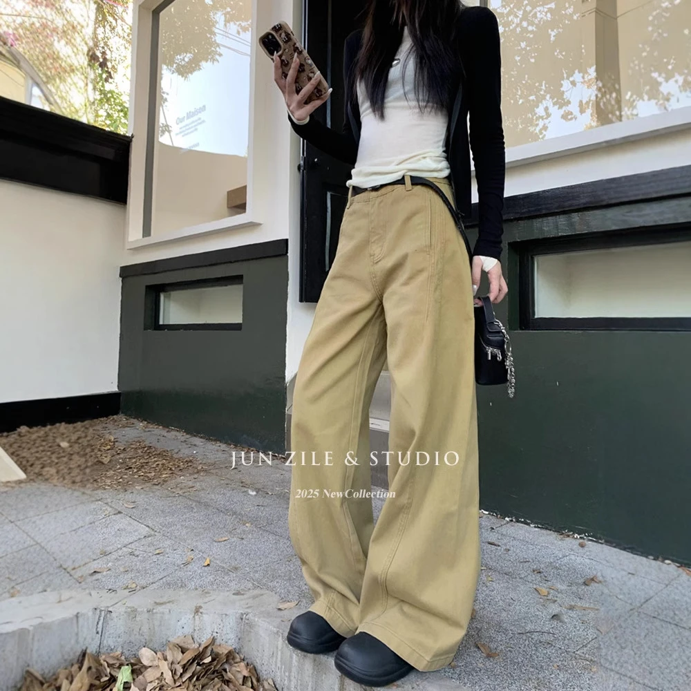 春装白色韩系牛仔裤女休闲长裤子多拖地直筒百搭高腰阔腿结构显瘦