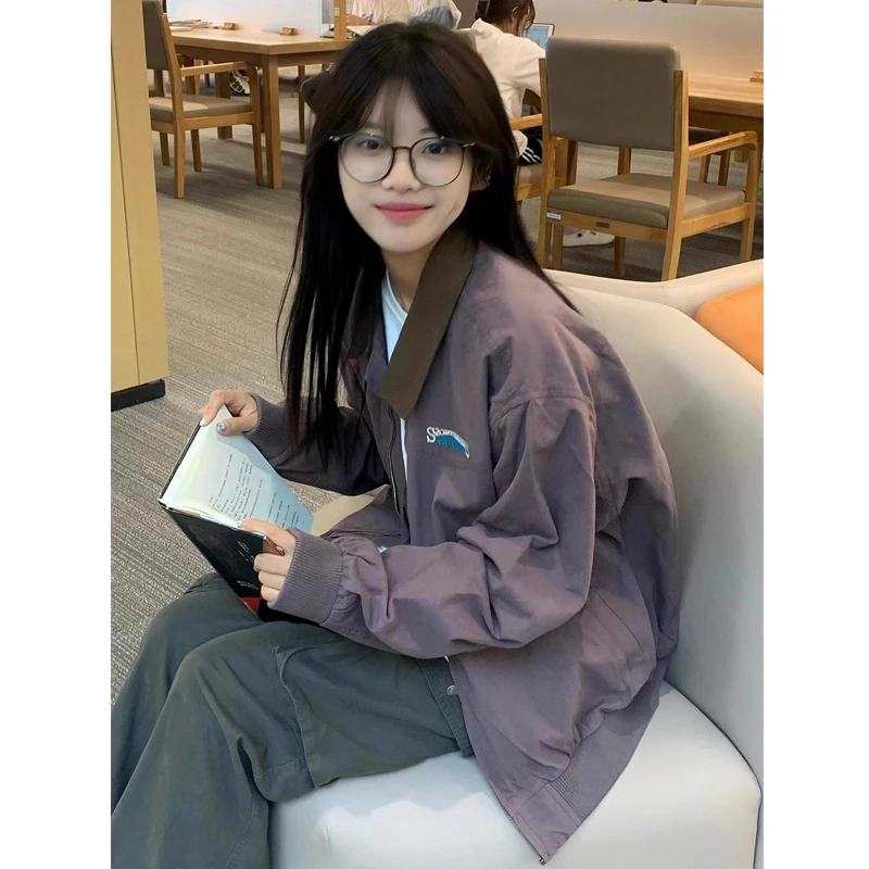 美式春新款季紫色棒球服外套春秋小个子刺绣翻领复古工装夹克上衣