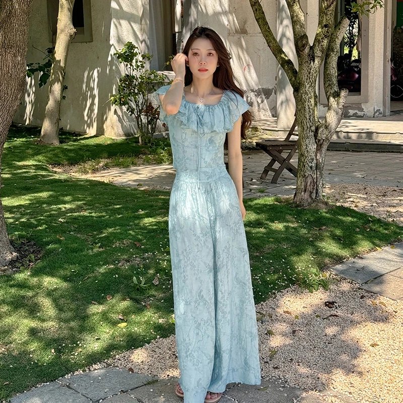 壹壹【风间清茶】荷叶边方领上衣高腰显瘦阔腿裤 2404Z09 GAGAZHANG