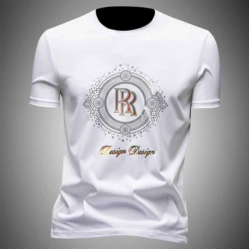 高端时尚男士烫钻短袖欧洲站夏季轻奢丝光棉透气修身圆领半袖T恤