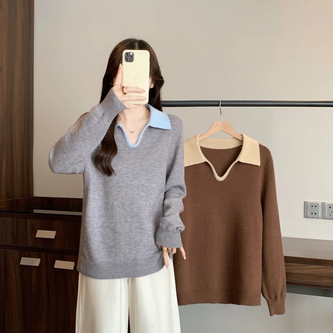 长大码女装2025秋季新款撞色翻领针织衫百搭显瘦打底衫上衣69372