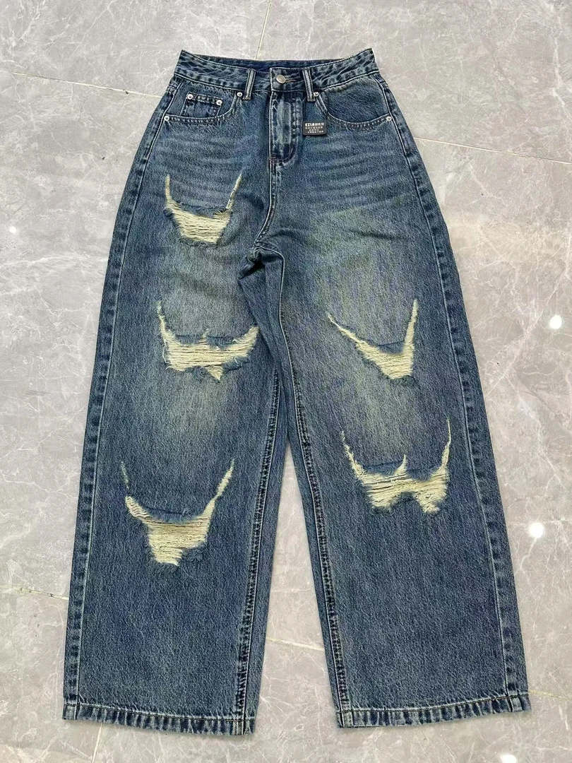 【陈泡泡定制】EZ8923 夏季新款时尚百搭休闲破洞弯刀牛仔裤