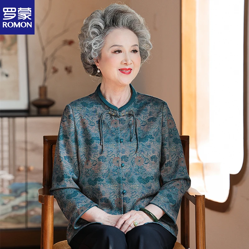罗蒙老太太夏装奶奶装衬衫长袖新款中老年人衬衣女妈妈夏季上衣服