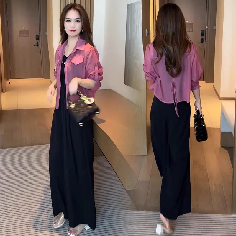 时尚洋气薄款冰丝外套2025夏季新款宽松显瘦设计感防晒衬衫套装女