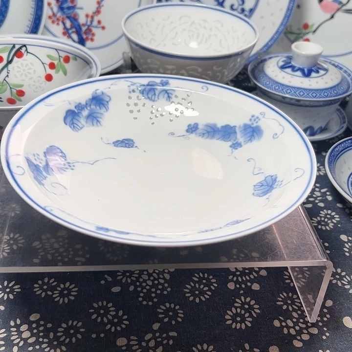 青花玲珑8寸葡萄盘子
