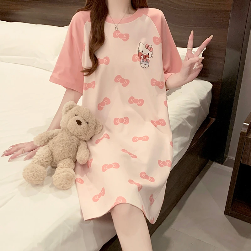 带胸垫睡衣女夏季薄款短袖仿棉睡裙2025新款连衣裙春秋家居服猫咪