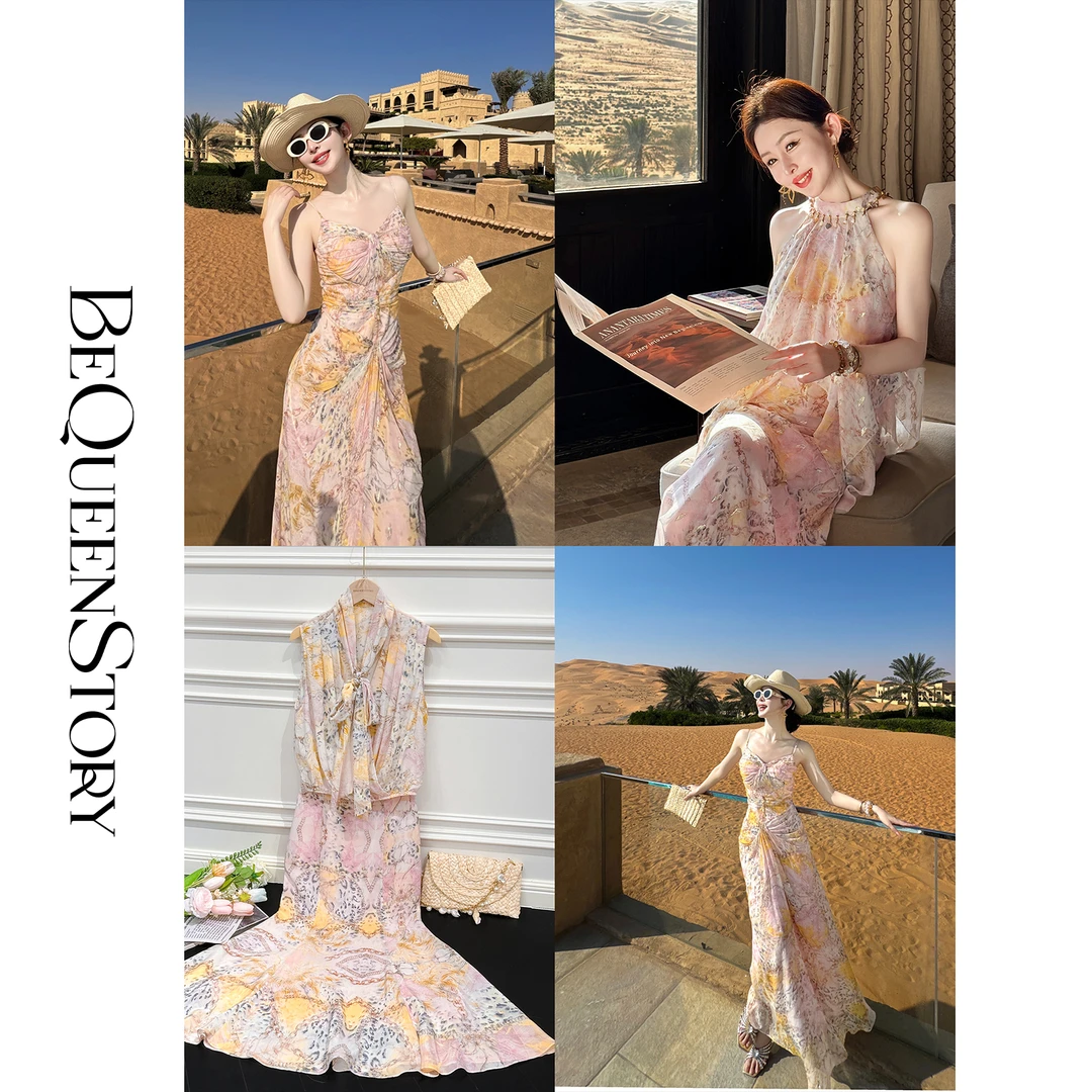 余潇潇【鎏金粉豹】2025新款欧若风印花桑蚕丝吊带连衣裙