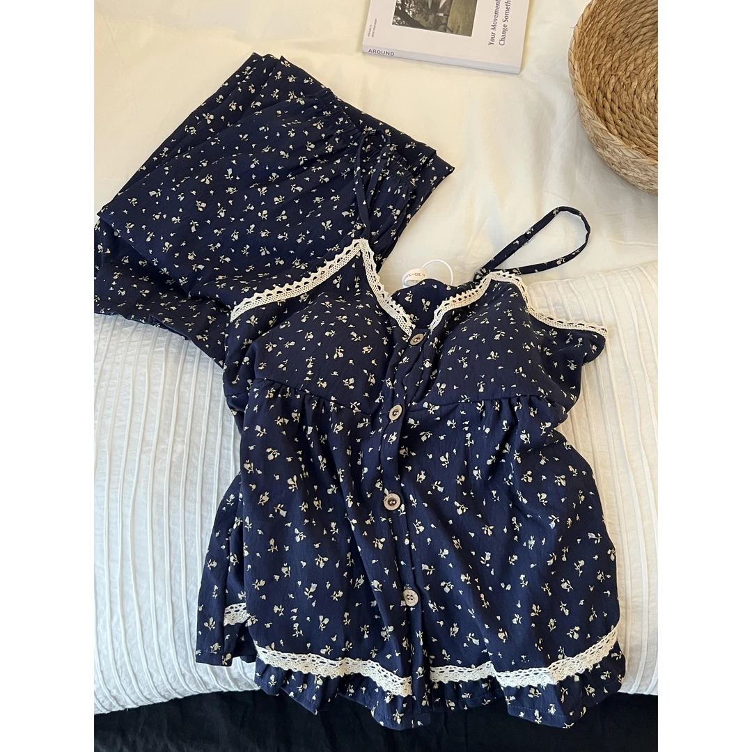 法式甜美小碎花带胸垫吊带睡衣套装女夏新款长裤大码家居服可外穿