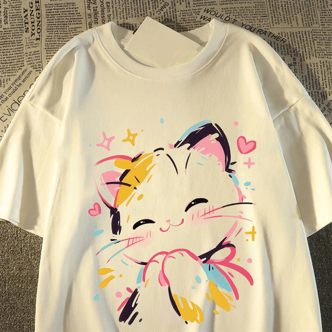 100%重磅纯棉短袖T恤男女同款夏涂鸦甜美小猫宽松男装半袖休闲ZN1