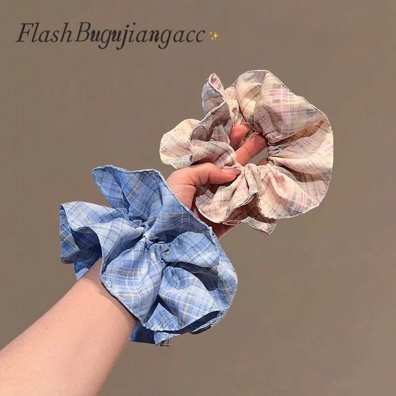 韩式蓝格子布艺发圈女2025新款简约百搭扎马尾的发绳不勒头发发饰